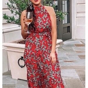 Red Floral Halter Hi-Low Maxi Dress - Size XL